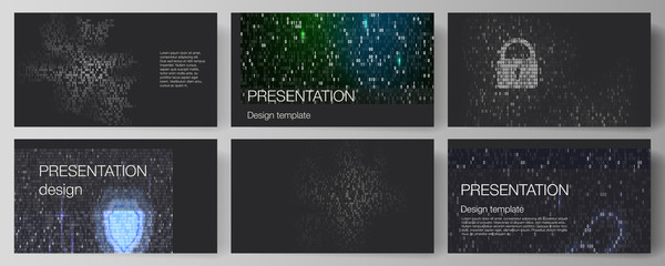 The minimalistic abstract vector layout of the presentation slides design business templates. Binary code background. AI, big data, coding or hacker concept, digital technology background.
