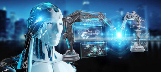 Poster - white man robot using robotics arms with digital screen 3d rendering
