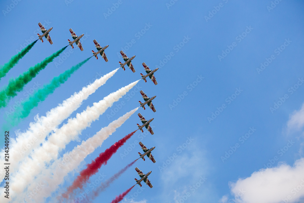 Italian Air Force Frecce Tricolori pictured at the 2018 Royal International Air Tattoo at RAF Fairford in Gloucestershire. - obrazy, fototapety, plakaty 