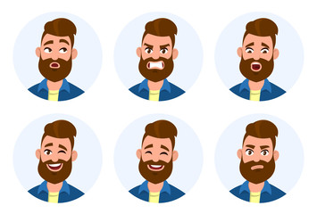 Set of male facial emotions. Different male emotions set. Man emoji character with different expressions.