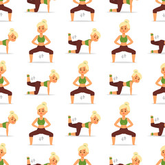 Wall Mural - Woman home workout vector exercising at home fitness character training coaching healthy living and diet concept seamless pattern background illustration.