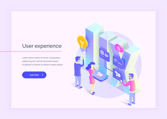 Fototapete - User experience. People interact with parts of the interface. Create a user experience. Modern vector illustration isometric style.
