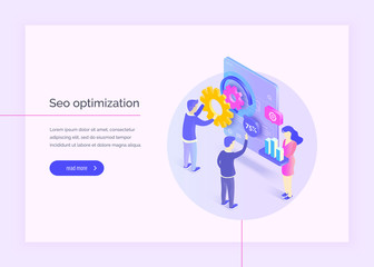 Poster - Seo optimization. A group of people interact with the mobile interface. Analysis seo. Optimizing SEO. Modern vector illustration isometric style.