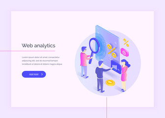 Poster - Web analysis. A group of people interact with parts of the interface. Men and women study and analyze the mobile web application interface. Profit analysis. Modern vector illustration isometric style.