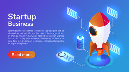 Poster - Isometric web banner launches a space rocket