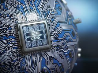Poster - Big data concept. CPU processor with text big data on the spherical futuristic motherboard.