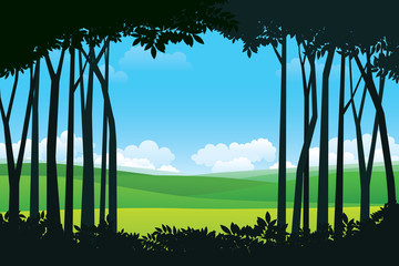 Wall Mural - Scenery of forest trees and green mountain landscape. Vector nature background