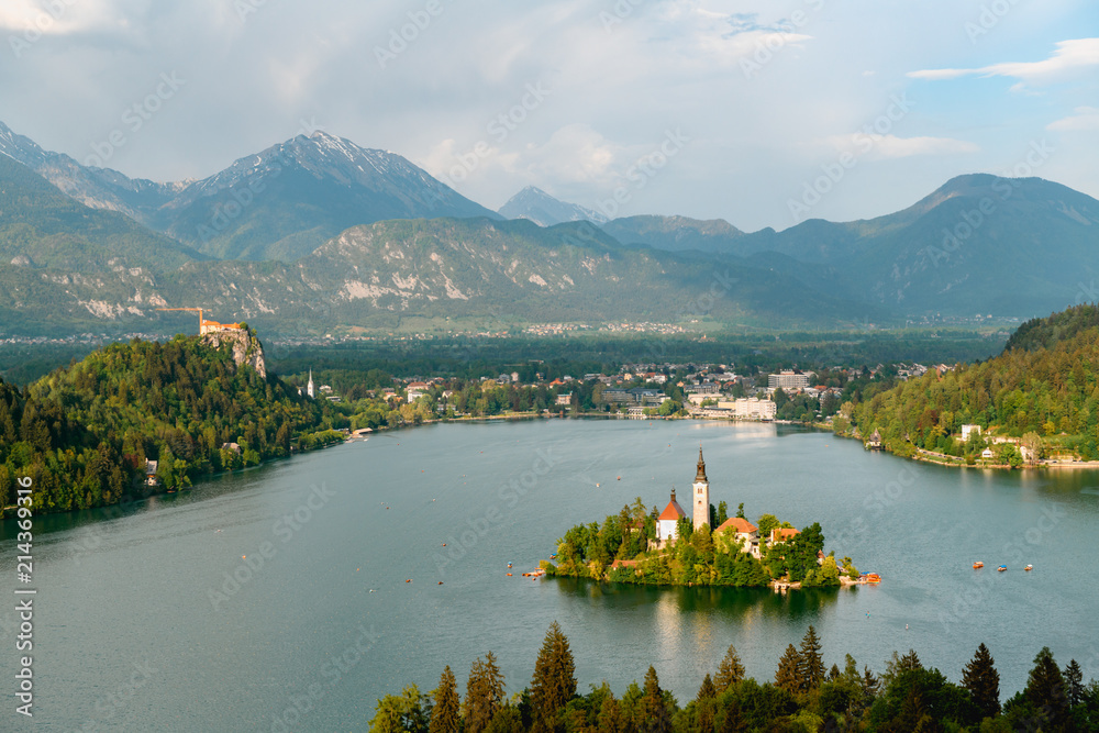 Beautiful view of Lake Bled from Ojstrica Hill View Point, Slovenia - obrazy, fototapety, plakaty 