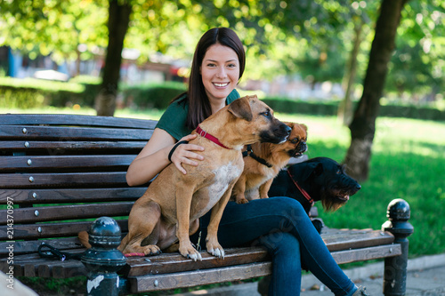 Fotografía Dog walker sitting on bench and enjoying in park with dogs.