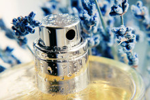 Closeup Metallic Spray Perfume Bottle Framed With Blue Lavender Herb, Yellow Aroma Extract. Cosmetic Product Fresh Natural Scent.