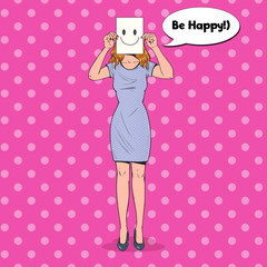 Wall Mural - Pop Art Woman with Smiley Emoticon on Paper Sheet. Happy Girl Holding a Smiling Face Emoticon. Vector illustration