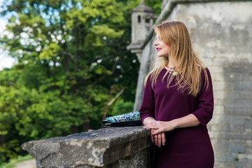 Wall Mural - beautiful, dress, castle, old, wedding, posing, bride, elegant, white, young, girl, background, beauty, female, woman, vintage, summer, ancient, outdoor, love, architecture, lace, green, adult, fashio