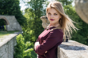 Wall Mural - beautiful, dress, castle, old, wedding, posing, bride, elegant, white, young, girl, background, beauty, female, woman, vintage, summer, ancient, outdoor, love, architecture, lace, green, adult, fashio