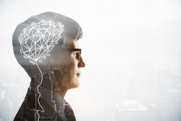 Poster - businessman head with digital brain