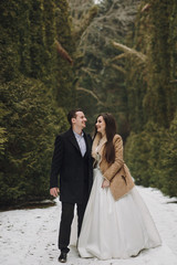 Wall Mural - gorgeous wedding couple posing in winter snowy park. stylish bride in coat and  groom embracing under green trees in winter forest. romantic sensual moment of newlyweds