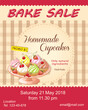 red bake sale promotion flyer with cupcakes on the plate