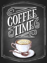 Wall Mural - Untitled-Coffee time vintage hand lettering on black chalkboard background with cup draft etching sketch. Vector cafe illustration.