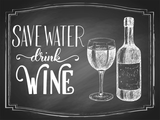 Wall Mural - Save water drink beer hand lettering with beer vintage etching drawn sketch on black chalkboard background. Vector illustration.