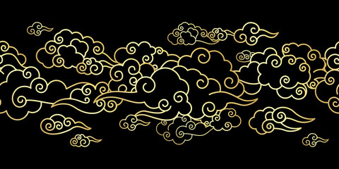 seamless border with golden chinese clouds different shapes on a black background. template for orie