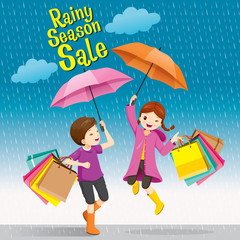 Rainy Season Sale, Boy And Girl Under Umbrella Jumping Playfully With Many Shopping Bags