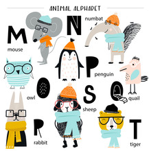 Cute Vector Zoo Alphabet Poster With Cartoon Animals. Set Of Kids Abc Elements In Scandinavian Style