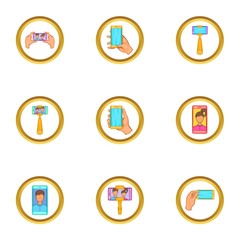 Sticker - Selfie stick icons set. Cartoon set of 9 selfie stick vector icons for web isolated on white background