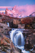 View of Mount Fitz Roy and the waterfall at sunrise,  Los Glaciares National Park, Andes, Patagonia, Argentina