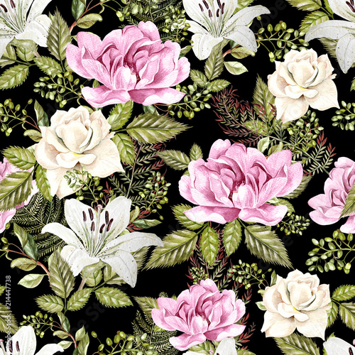 A bright watercolor pattern with flowers of a rose, lily and a peony. With le...