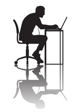 Man Working At Computer. Silhouette With Reflection. Vector