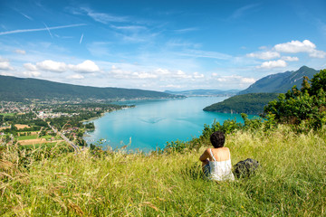 woman looking a view of Annecy lake