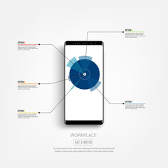 Poster - Black smartphone mockup with infographic screen. Can be used for workflow layout, diagram, business step options, banner, web design.