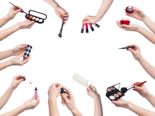 Poster - Set of makeup cosmetics in hands on white background