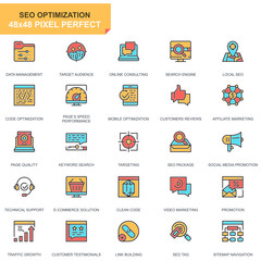 Leinwandbilder - Flat line seo and web optimization icons set for website and mobile site and apps. Contains such Icons as Target, Marketing, Traffic Growth. 48x48 Pixel Perfect. Pictogram pack. Vector illustration.