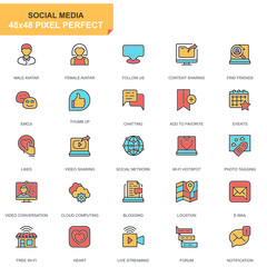 Leinwandbilder - Flat line social media and network icons set for website and mobile site and apps. Contains such Icons as Avatar, Emoji, Chating, Likes. 48x48 Pixel Perfect. Pictogram pack. Vector illustration.
