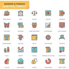 Aufkleber - Flat line banking and finance icons set for website and mobile site and apps. Contains such Icons as E-Banking, Auction, Financial Growth. 48x48 Pixel Perfect. Pictogram pack. Vector illustration.