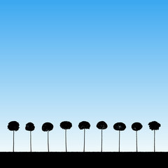 Sticker - Landscape with decorative trees. Vector illustration with isolated silhouettes of maples growing in grass. Blue pastel background