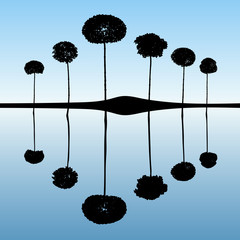 Sticker - Landscape with decorative trees. Vector illustration with isolated silhouettes of maples reflected in water. Blue pastel background