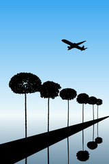 Sticker - Landscape with decorative trees and flying aircraft. Vector illustration with isolated silhouettes of maples reflected in water. Blue pastel background