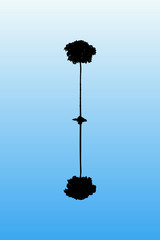 Sticker - Landscape with lonely tree. Vector illustration with isolated silhouette of maple reflected in water. Blue pastel background.