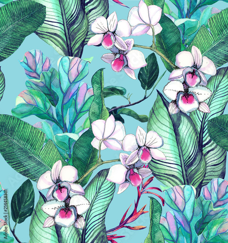 wzor-z-tropikalnych-lisci-i-kwiatow-wzor-akwareli-ze-storczykami-phalinopsis-bialej-orchidei-liscie-bananowca-tlo-botaniczne