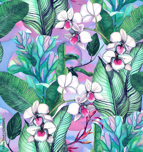 wzor-z-tropikalnych-lisci-i-kwiatow-wzor-akwareli-ze-storczykami-phalinopsis-bialej-orchidei-liscie-bananowca-tlo-botaniczne