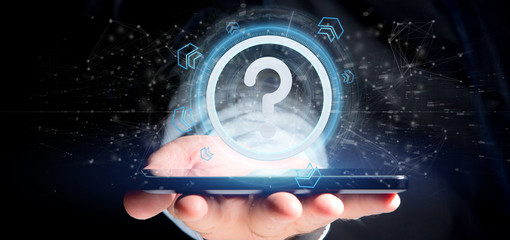 Poster - Man holding a Technology question mark icon on a circle 3d rendering