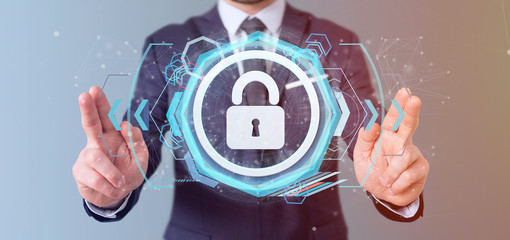 Poster - man holding a padlock web security concept 3d rendering