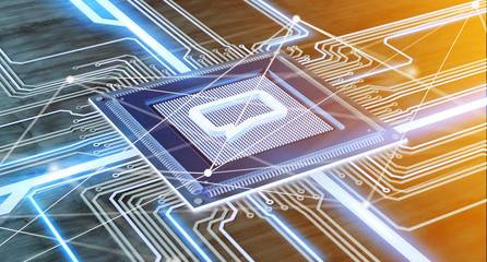 Poster - CPU processor chip with a message and network connection on a circuit board - 3d render
