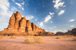 Seven Pillars of Wisdom, a rugged, rocky mountain in Wadi Rum Desert, Jordan.