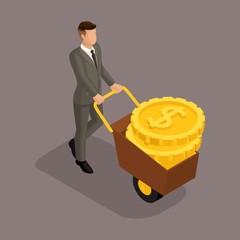 Poster - Trendy isometric people, 3d businessman, concept with young businessman, carry money on estrus, gold, rich businessman isolated on a dark background