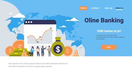 Poster - online banking money graph growth wealth concept dollar coin icon people finance analysis over world map background flat horizontal copy space vector illustration