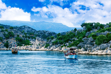 Wall Mural - Cruise touristic ships in the bay Mediterranean sea.