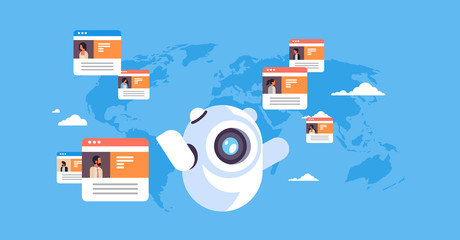 Poster - robot chatbot online messenger global people communication application concept over world map backgr