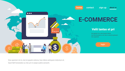 Poster - e-commerce business money graph growth wealth concept dollar coin icon people finance ecommerce analysis over world map background flat horizontal copy space vector illustration